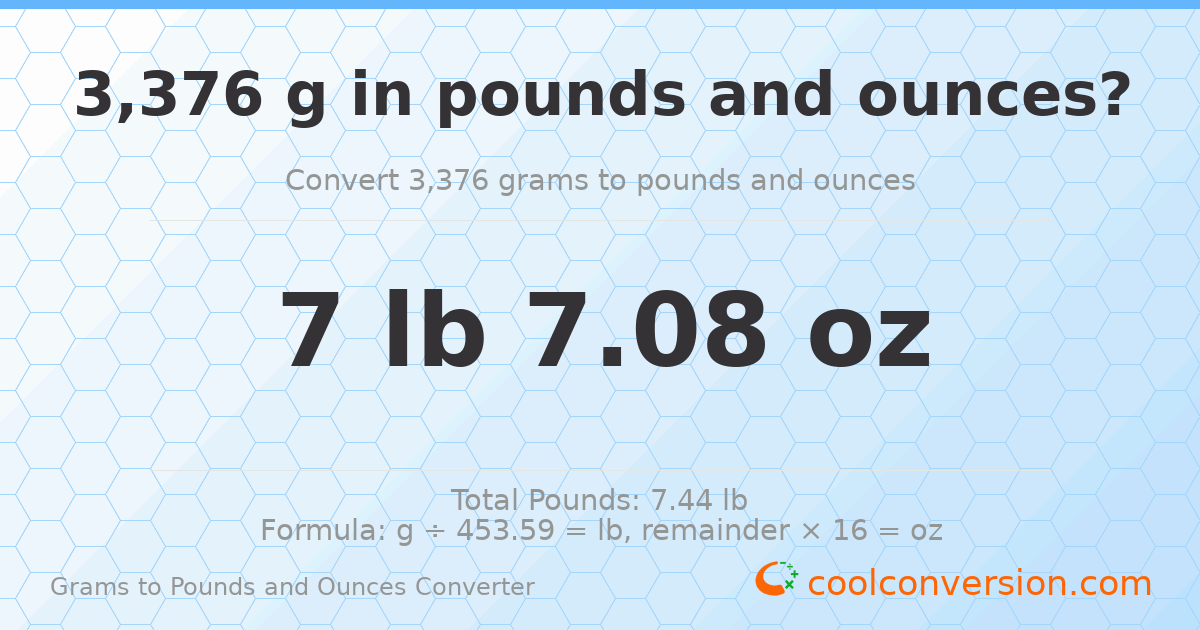 3376 g to lb and oz — 3376 g = 7 lb 7.08 oz