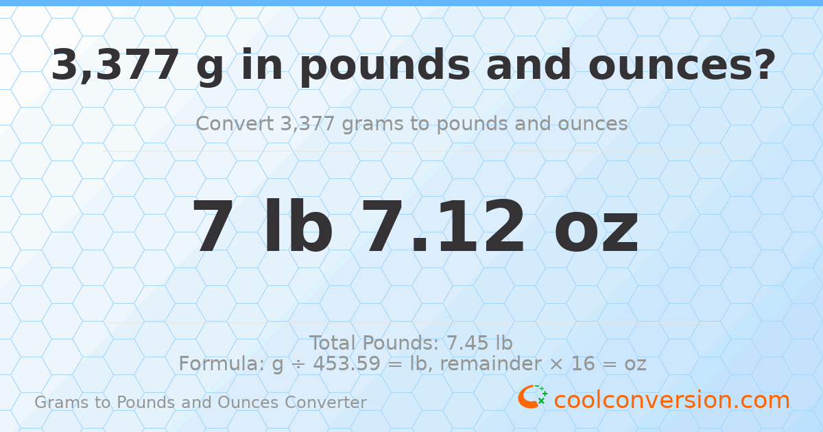 3377 g to lb and oz — 3377 g = 7 lb 7.12 oz