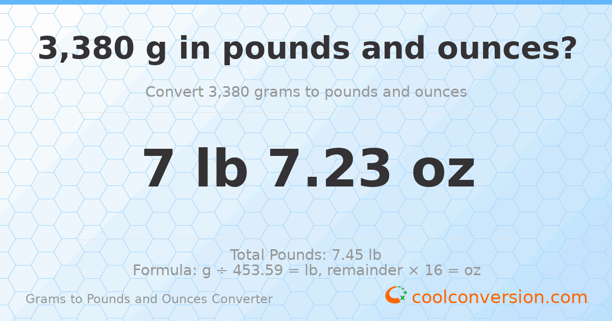 3380 g to lb and oz — 3380 g = 7 lb 7.23 oz