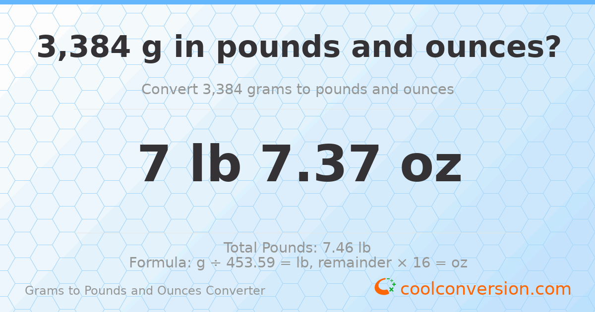 3384 g to lb and oz — 3384 g = 7 lb 7.37 oz