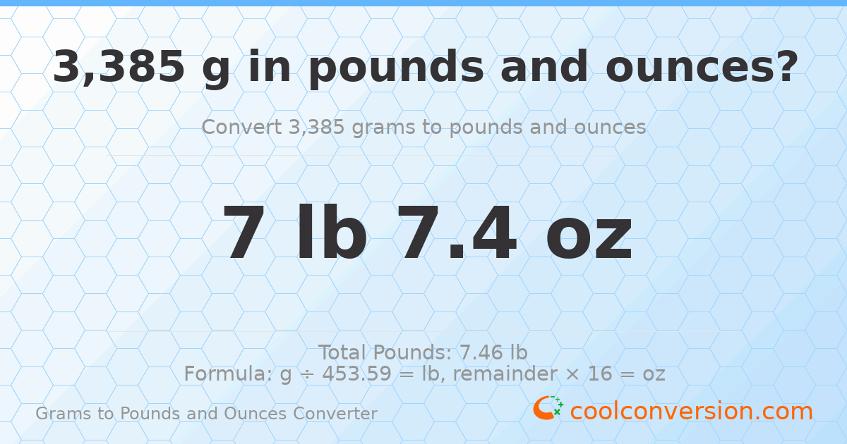 3385 g to lb and oz — 3385 g = 7 lb 7.4 oz