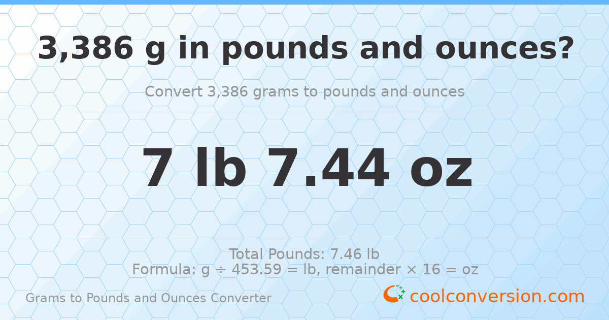 3386 g to lb and oz — 3386 g = 7 lb 7.44 oz