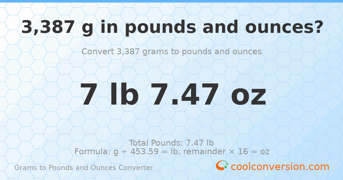 3387 g to lb and oz — 3387 g = 7 lb 7.47 oz
