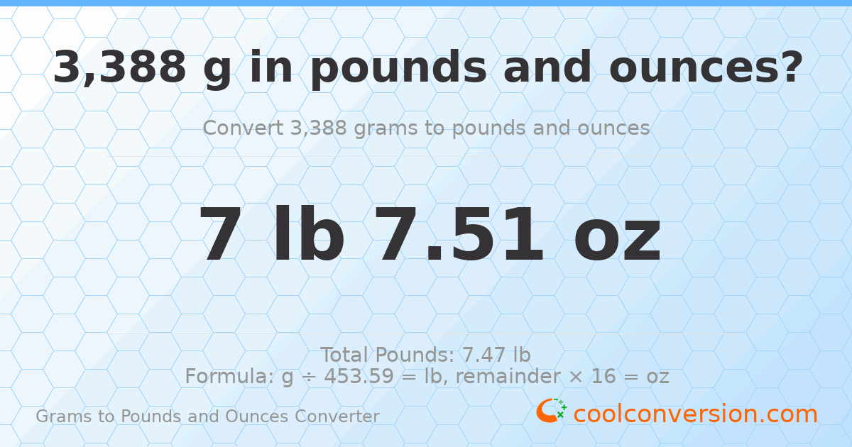 3388 g to lb and oz — 3388 g = 7 lb 7.51 oz