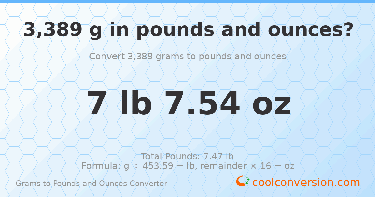 3389 g to lb and oz — 3389 g = 7 lb 7.54 oz