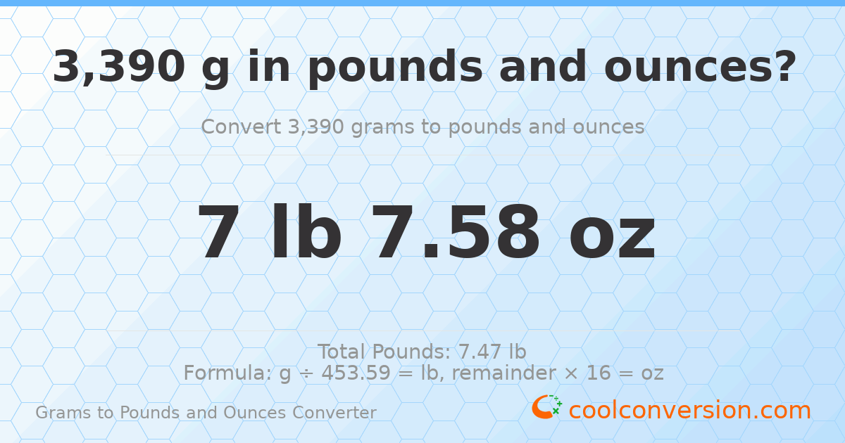 3390 g to lb and oz — 3390 g = 7 lb 7.58 oz