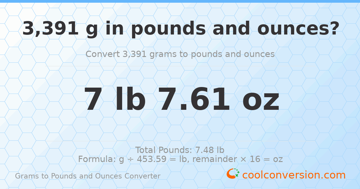 3391 g to lb and oz — 3391 g = 7 lb 7.61 oz