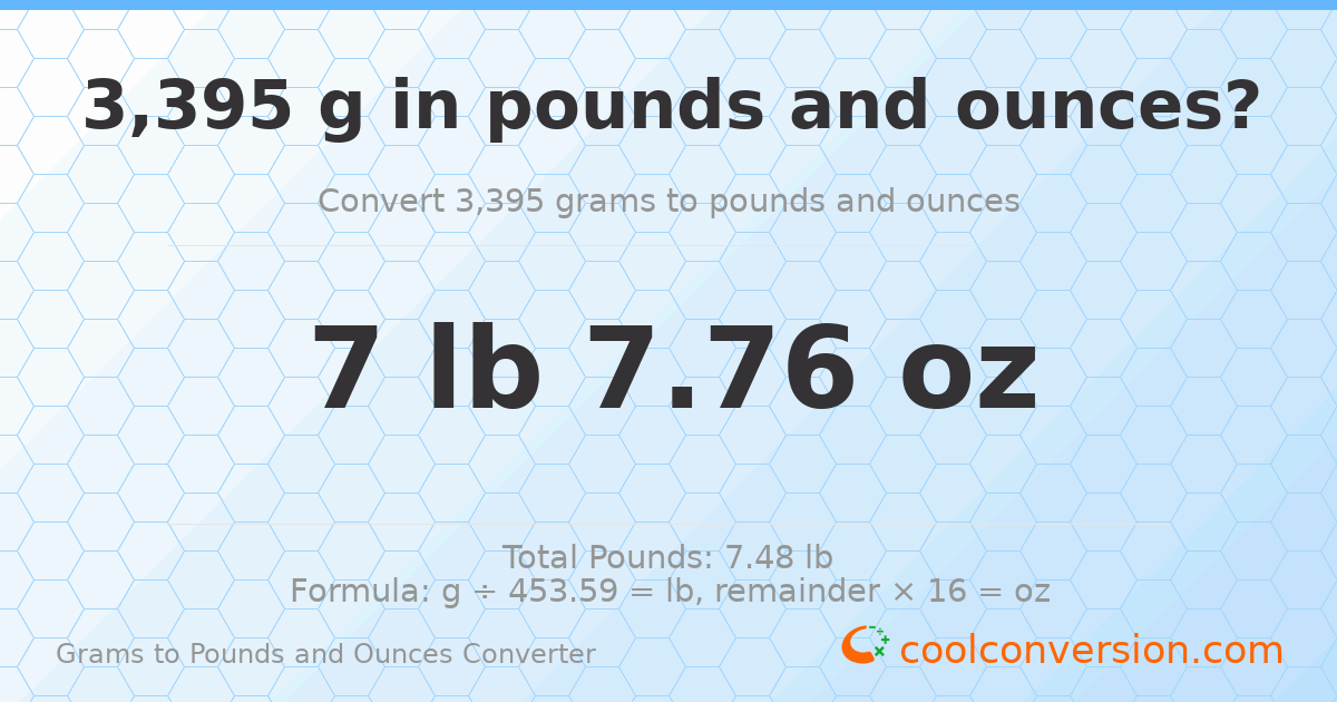 3395 g to lb and oz — 3395 g = 7 lb 7.76 oz