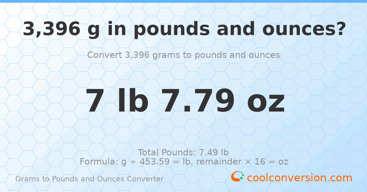 3396 g to lb and oz — 3396 g = 7 lb 7.79 oz