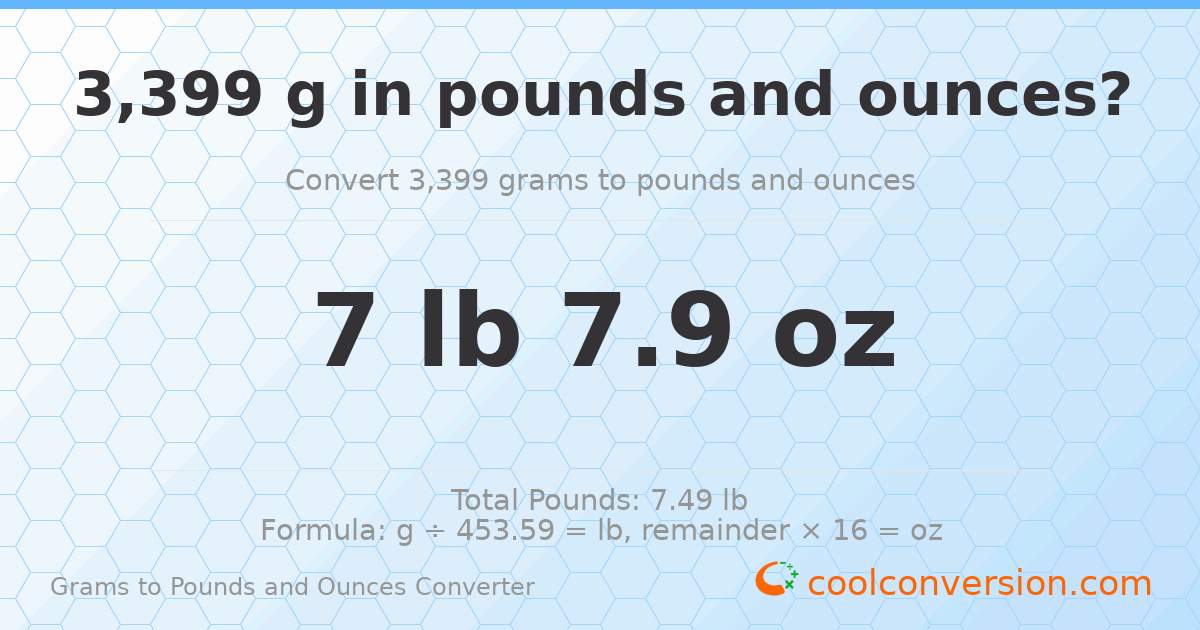 3399 g to lb and oz — 3399 g = 7 lb 7.9 oz