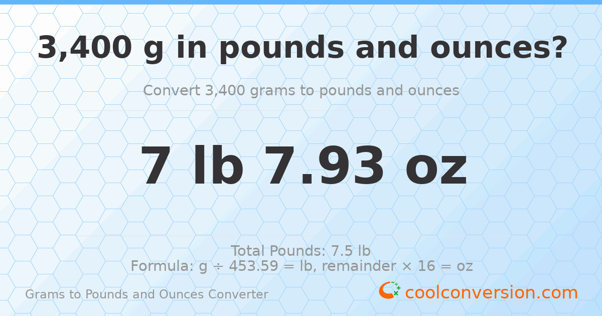 3400 g to lb and oz — 3400 g = 7 lb 7.93 oz