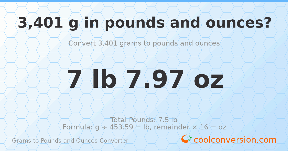 3401 g to lb and oz — 3401 g = 7 lb 7.97 oz