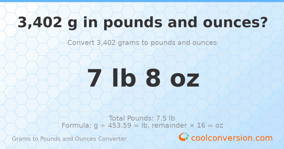 3402 g to lb and oz — 3402 g = 7 lb 8 oz
