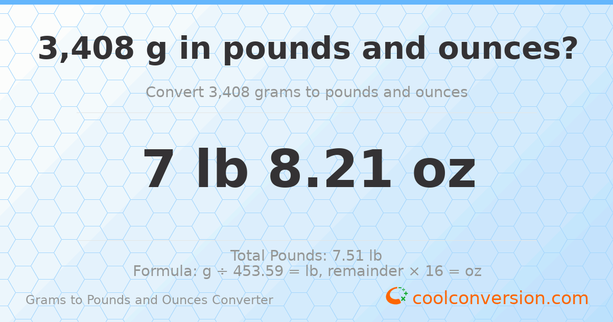 3408 g to lb and oz — 3408 g = 7 lb 8.21 oz