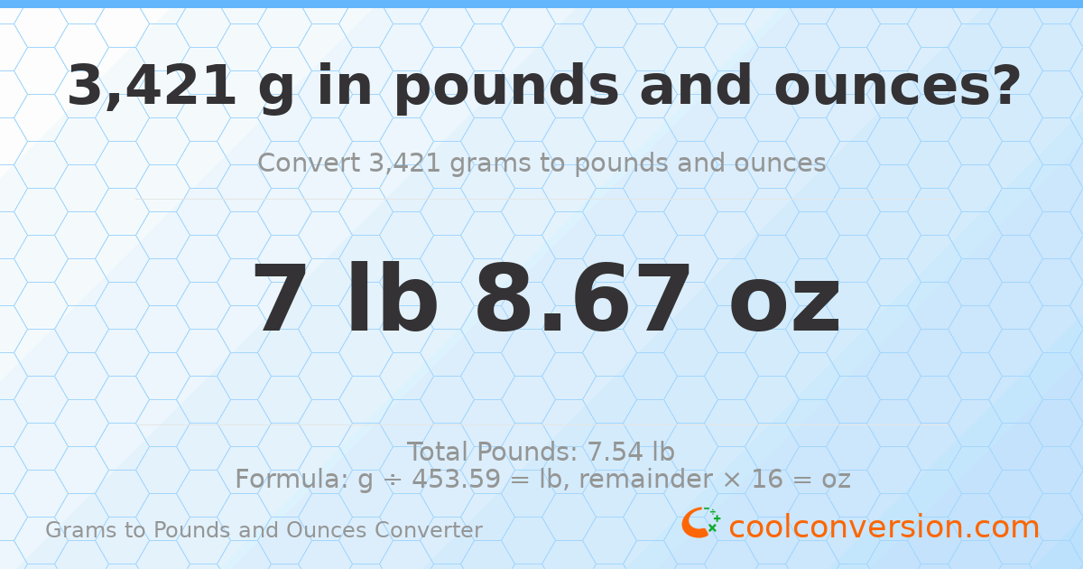 3421 g to lb and oz — 3421 g = 7 lb 8.67 oz