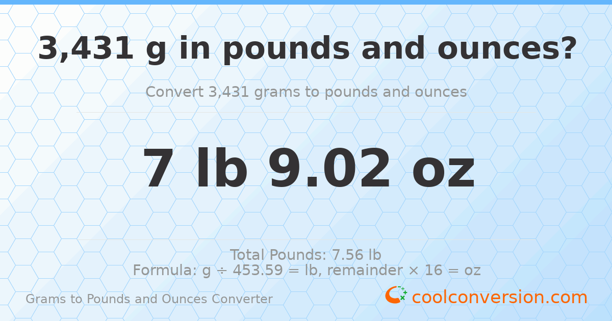 3431 g to lb and oz — 3431 g = 7 lb 9.02 oz