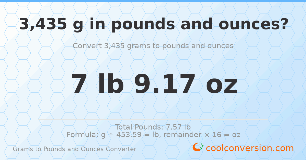 3435 g to lb and oz — 3435 g = 7 lb 9.17 oz