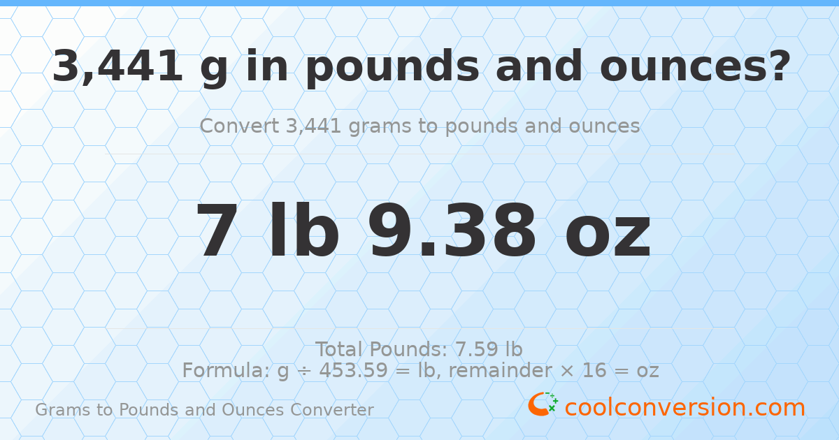 3441 g to lb and oz — 3441 g = 7 lb 9.38 oz