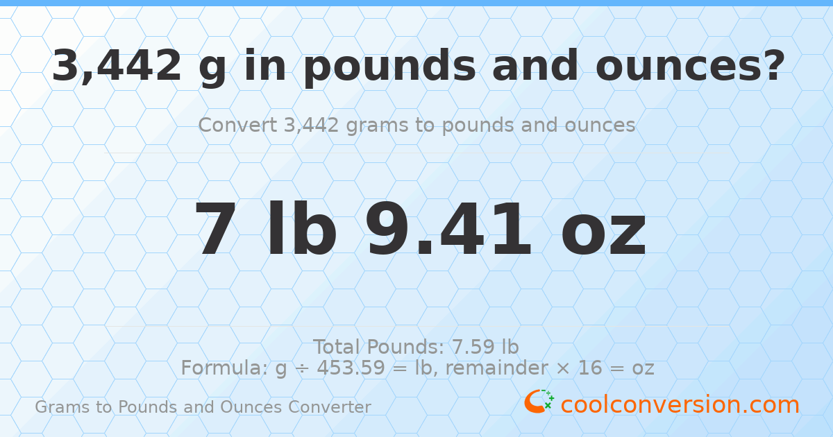 3442 g to lb and oz — 3442 g = 7 lb 9.41 oz