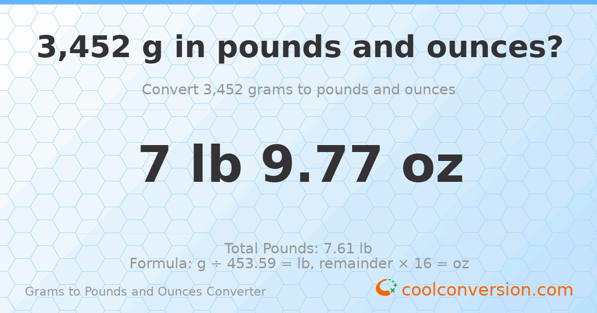 3452 g to lb and oz — 3452 g = 7 lb 9.77 oz