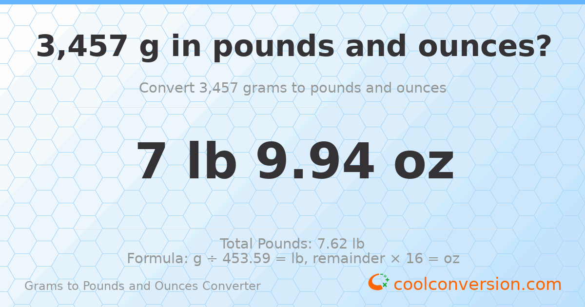 3457 g to lb and oz — 3457 g = 7 lb 9.94 oz
