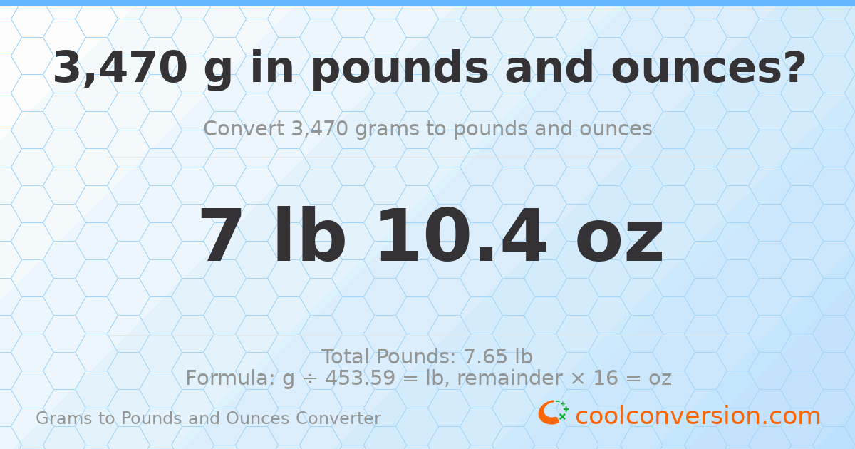 3470 g to lb and oz — 3470 g = 7 lb 10.4 oz