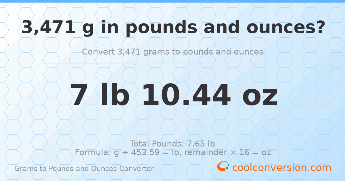 3471 g to lb and oz — 3471 g = 7 lb 10.44 oz