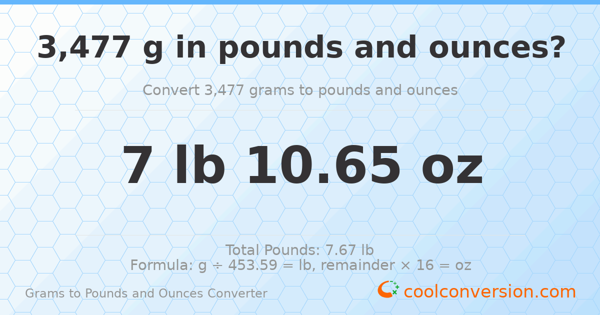 3477 g to lb and oz — 3477 g = 7 lb 10.65 oz