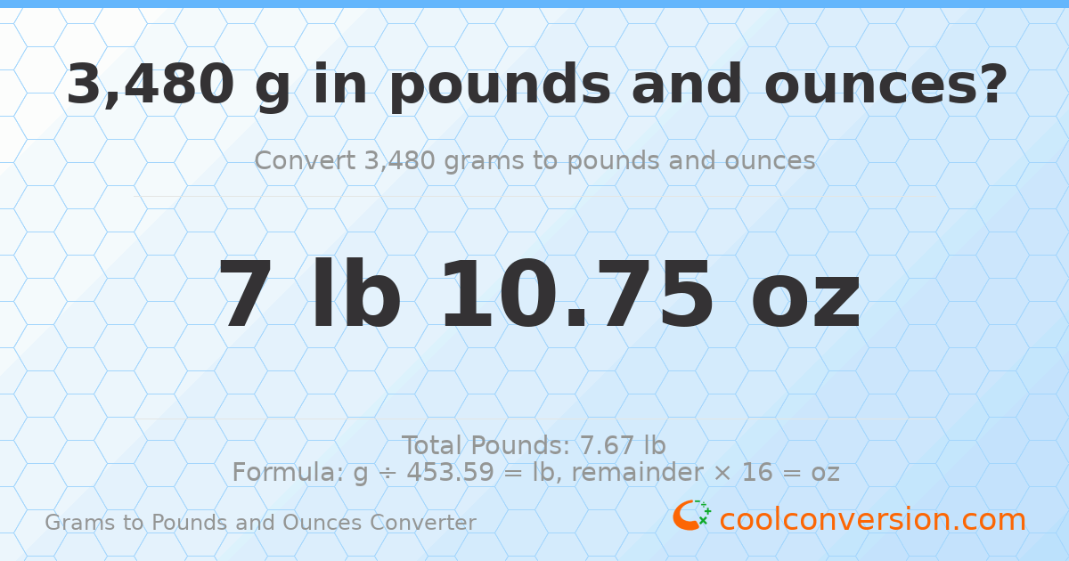 3480 g to lb and oz — 3480 g = 7 lb 10.75 oz