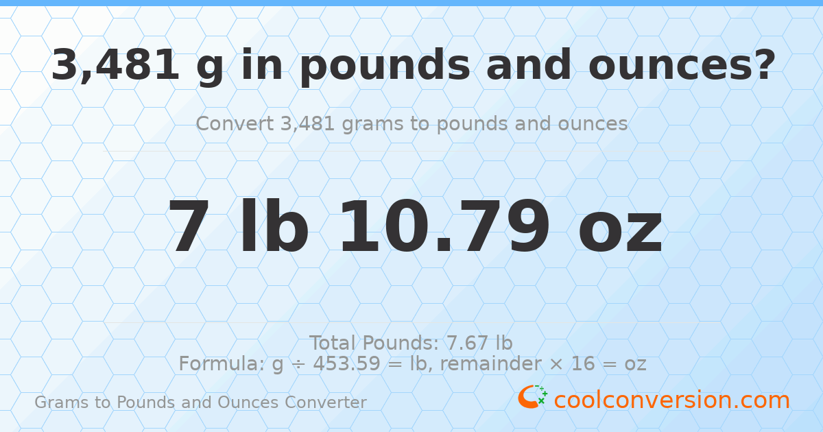 3481 g to lb and oz — 3481 g = 7 lb 10.79 oz