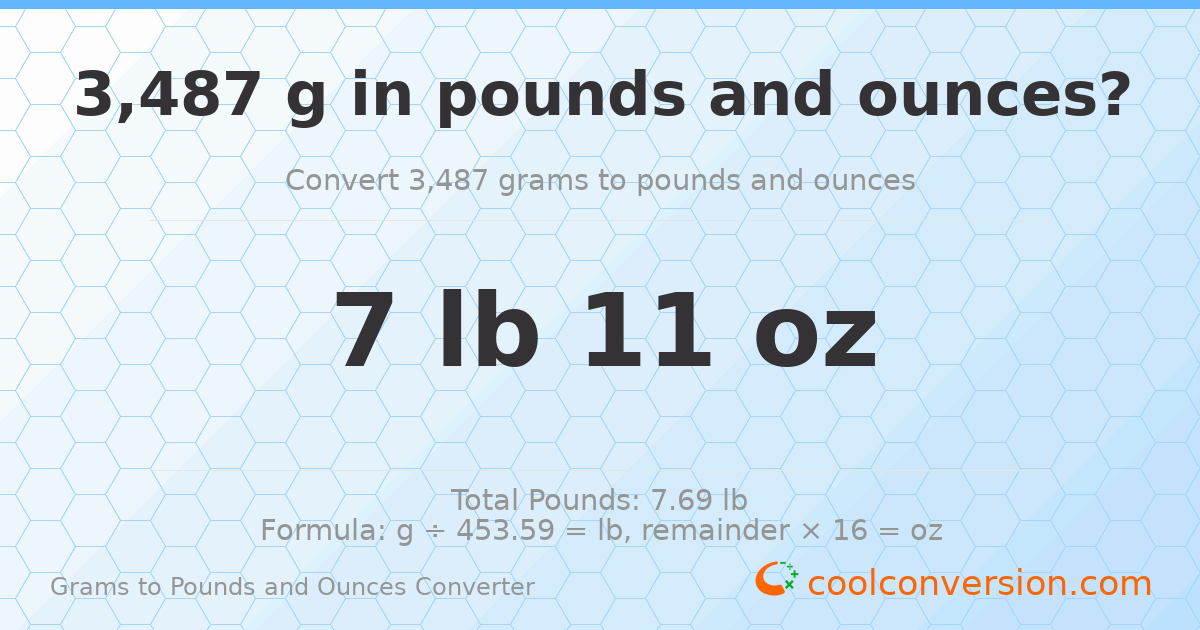 3487 g to lb and oz — 3487 g = 7 lb 11 oz