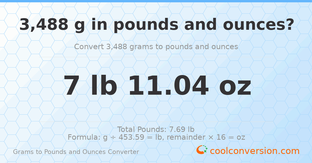 3488 g to lb and oz — 3488 g = 7 lb 11.04 oz