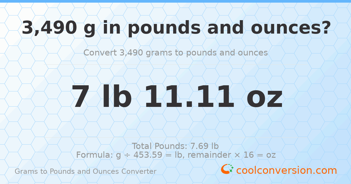 3490 g to lb and oz — 3490 g = 7 lb 11.11 oz