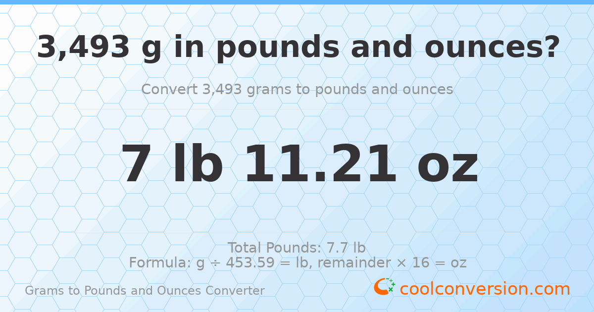 3493 g to lb and oz — 3493 g = 7 lb 11.21 oz