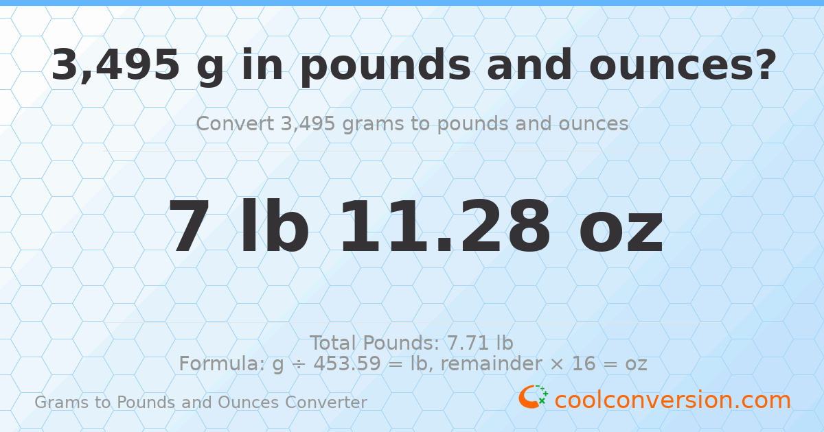 3495 g to lb and oz — 3495 g = 7 lb 11.28 oz