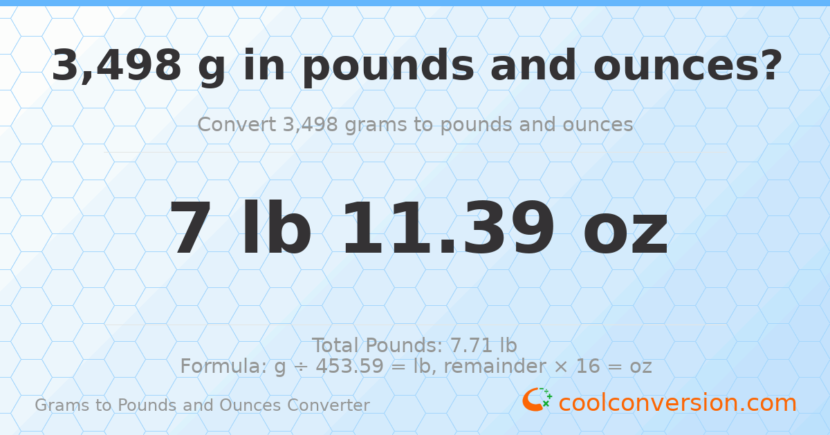 3498 g to lb and oz — 3498 g = 7 lb 11.39 oz