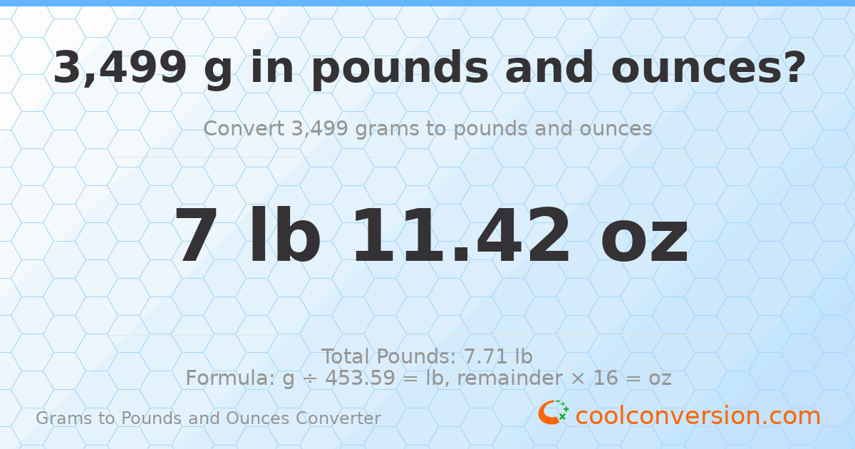 3499 g to lb and oz — 3499 g = 7 lb 11.42 oz