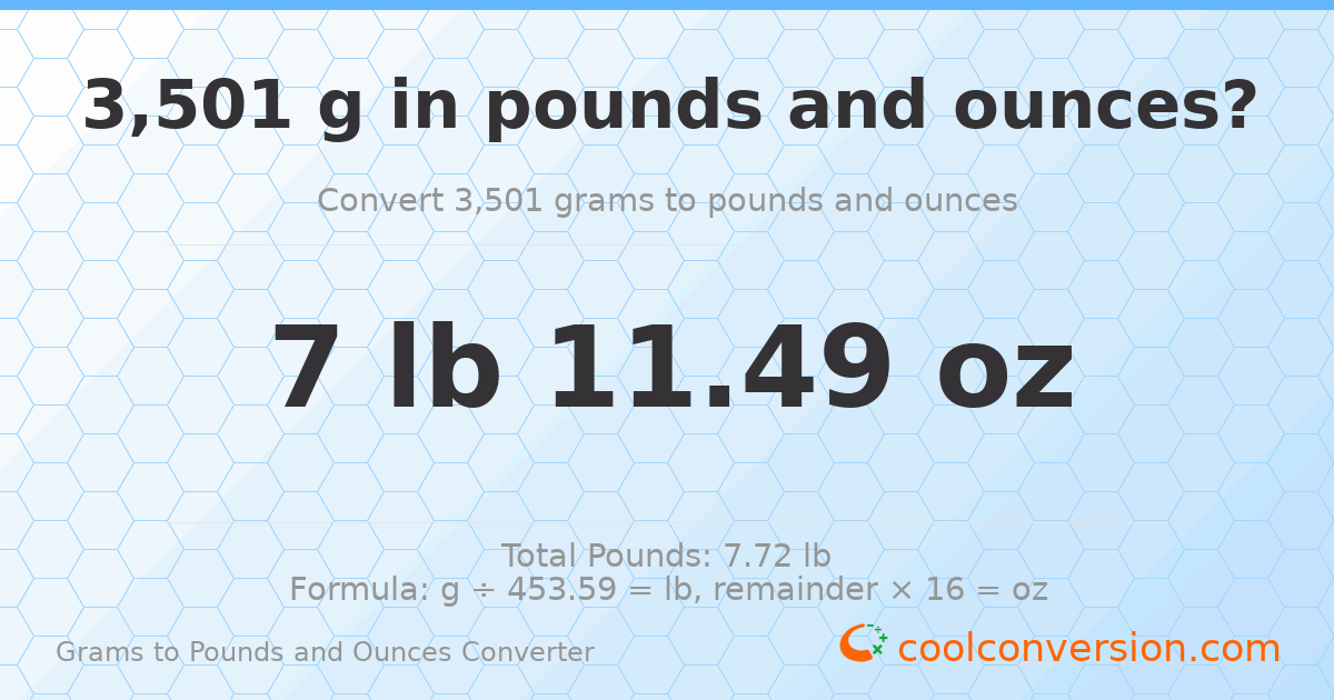 3501 g to lb and oz — 3501 g = 7 lb 11.49 oz