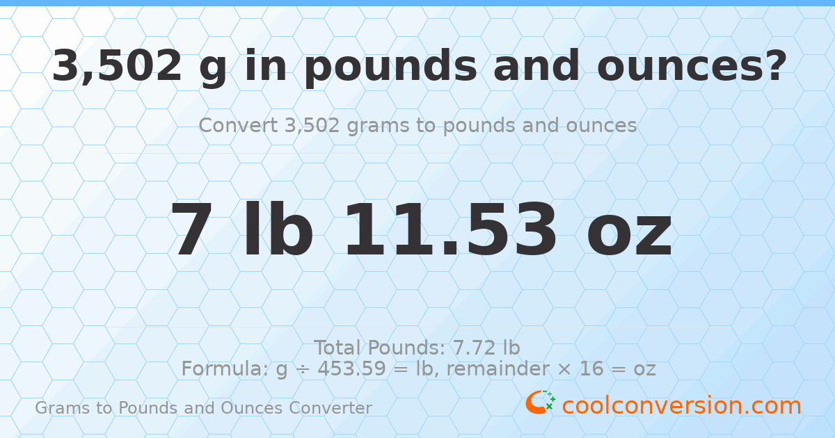 3502 g to lb and oz — 3502 g = 7 lb 11.53 oz