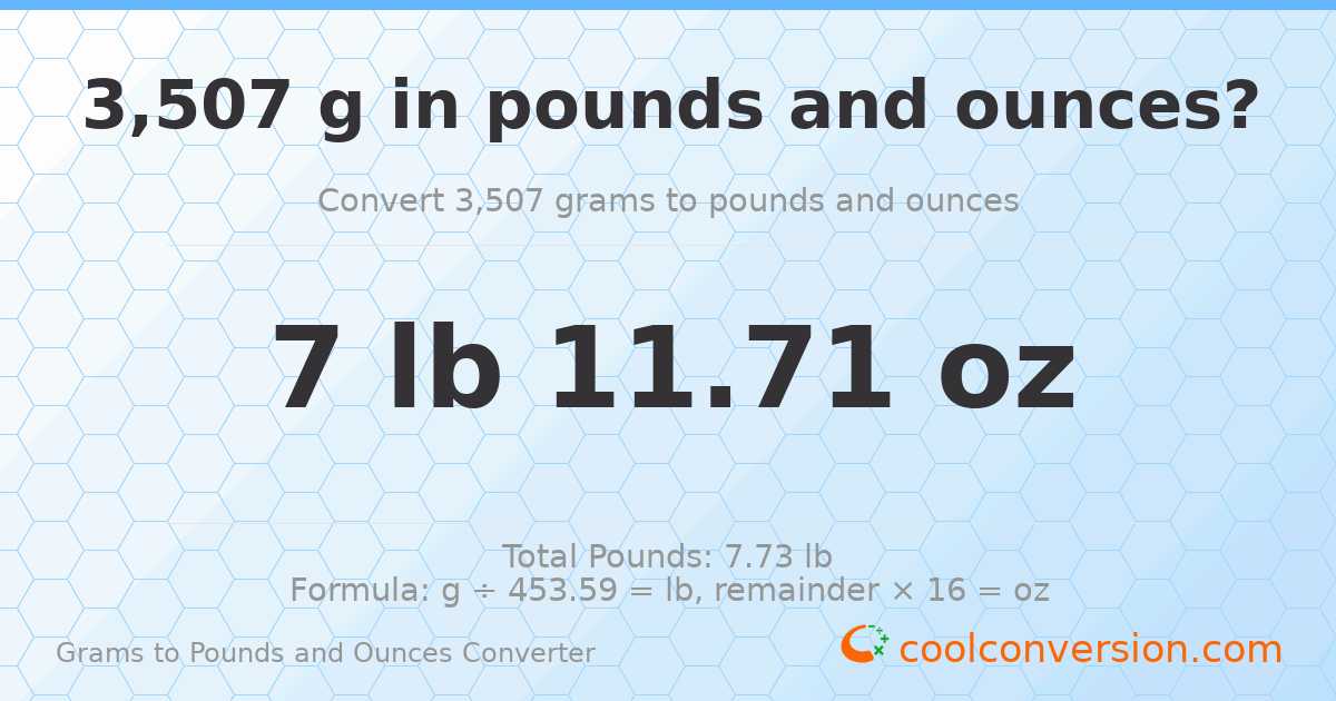 3507 g to lb and oz — 3507 g = 7 lb 11.71 oz