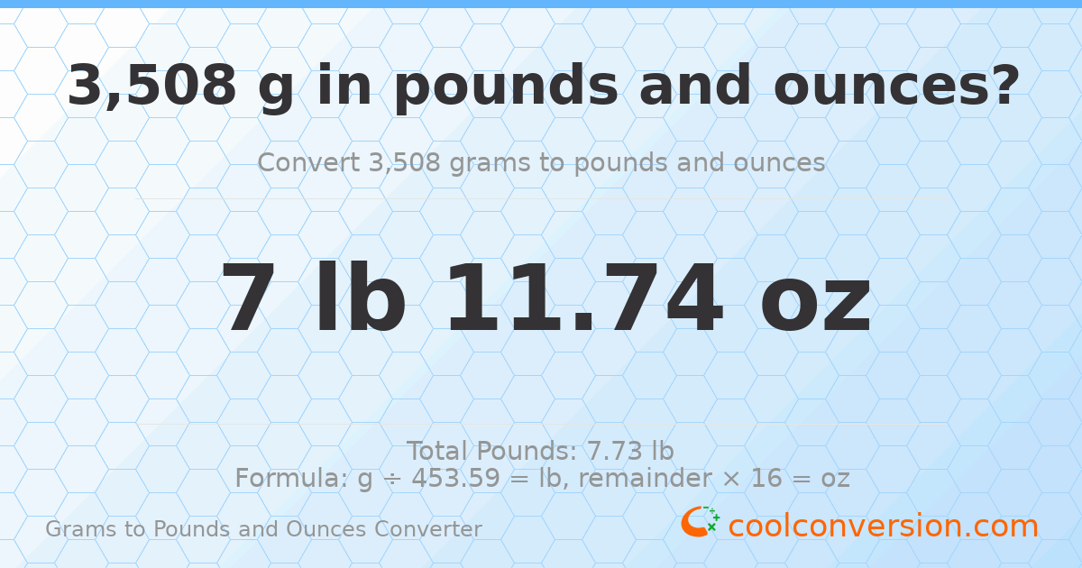 3508 g to lb and oz — 3508 g = 7 lb 11.74 oz