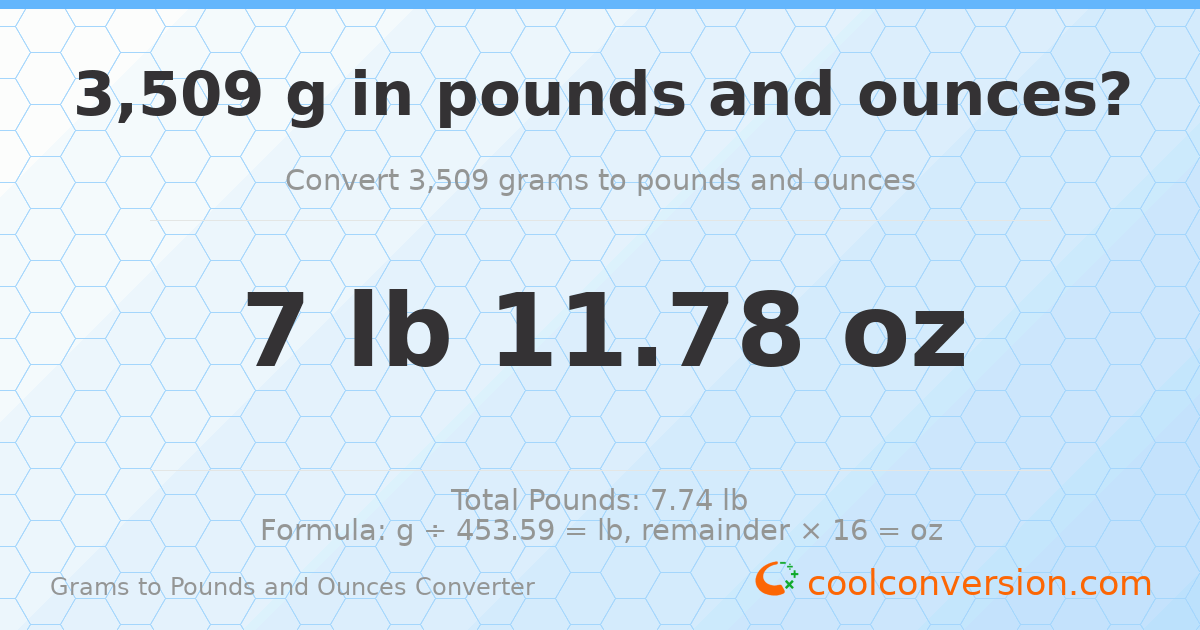 3509 g to lb and oz — 3509 g = 7 lb 11.78 oz