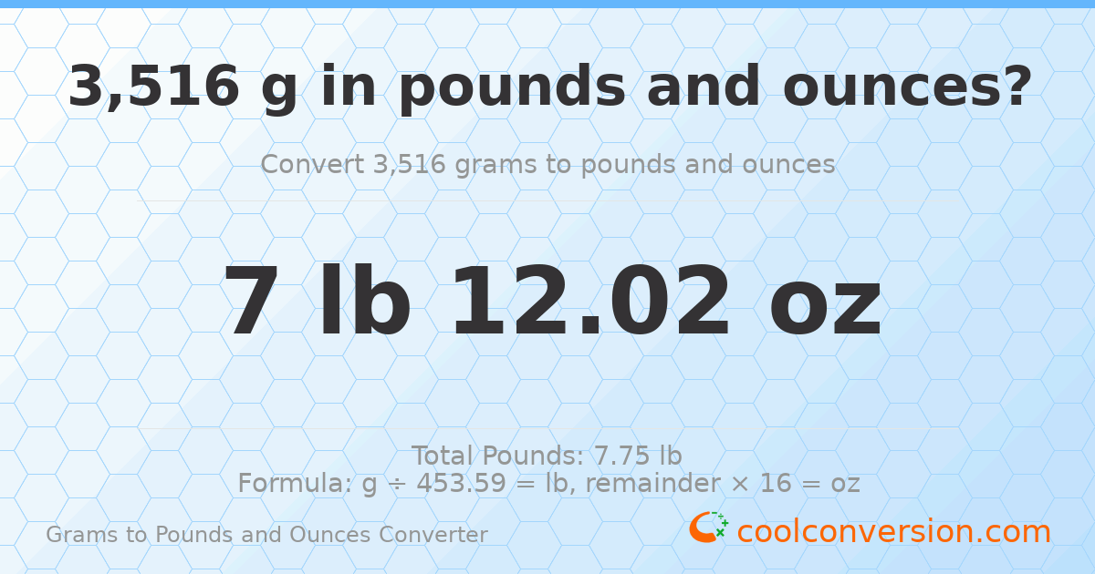 3516 g to lb and oz — 3516 g = 7 lb 12.02 oz