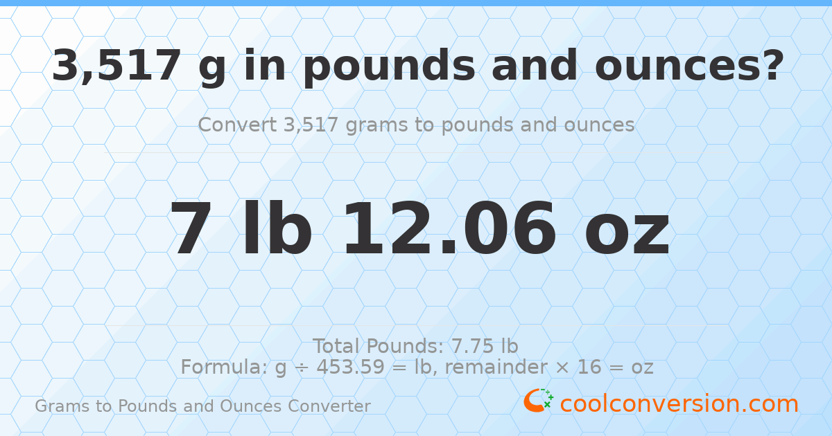 3517 g to lb and oz — 3517 g = 7 lb 12.06 oz