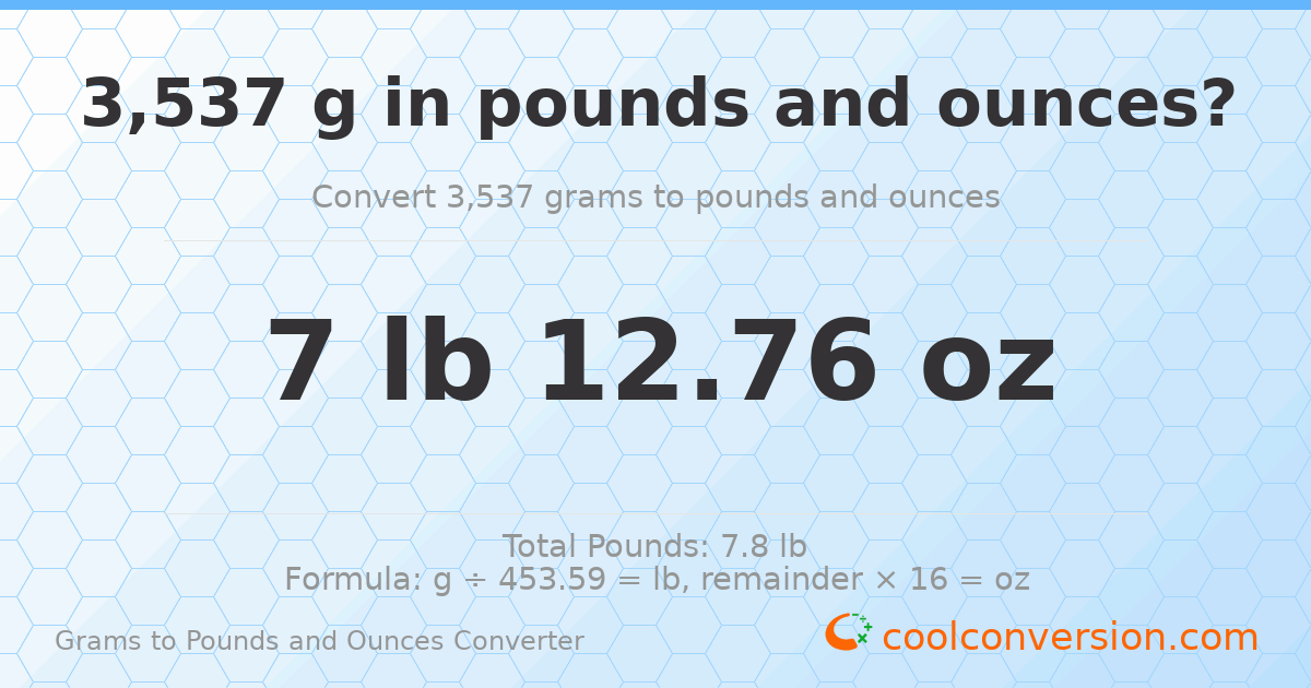 3537 g to lb and oz — 3537 g = 7 lb 12.76 oz