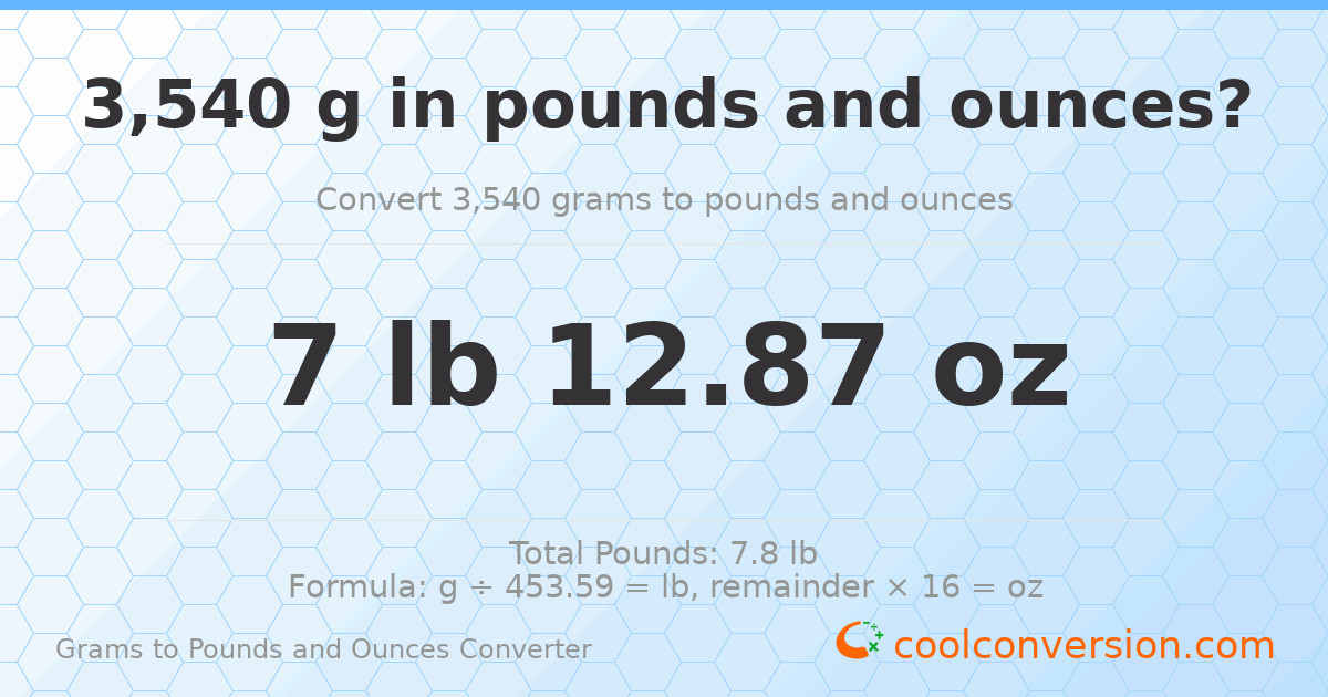 3540 g to lb and oz — 3540 g = 7 lb 12.87 oz