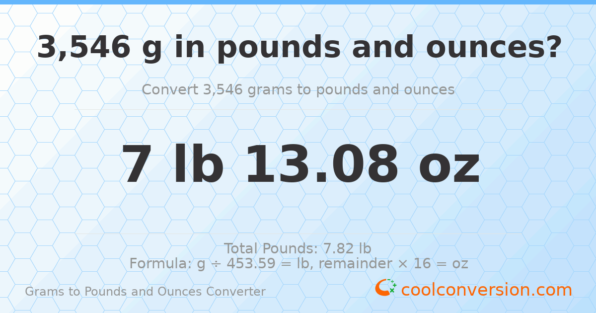 3546 g to lb and oz — 3546 g = 7 lb 13.08 oz