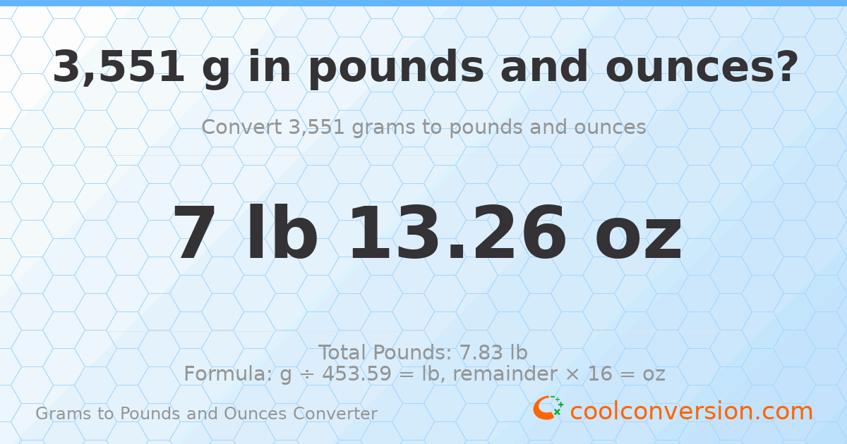 3551 g to lb and oz — 3551 g = 7 lb 13.26 oz