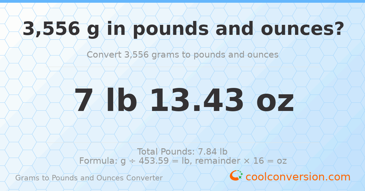 3556 g to lb and oz — 3556 g = 7 lb 13.43 oz