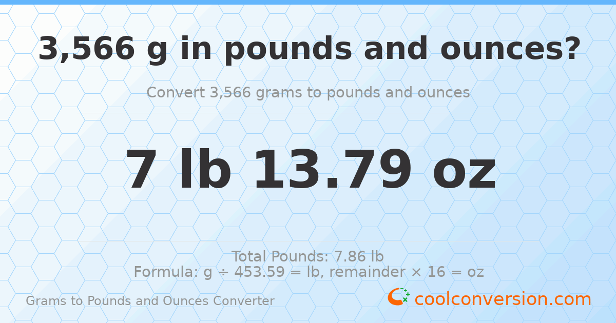 3566 g to lb and oz — 3566 g = 7 lb 13.79 oz